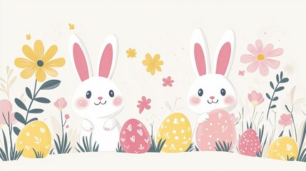 Obraz premium Happy Easter! Cute design for cards, banners, and posters. Features bunnies, eggs, flowers, and bunny ears in soft, trendy colors. Simple and modern style.