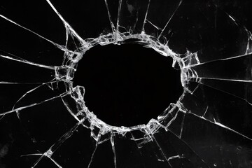 Cracks expanding from a hole in broken glass on a black background
