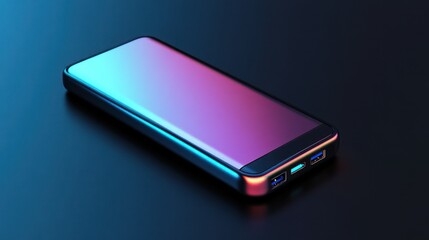 Close-up of a sleek power bank with blue, pink, and orange lighting.