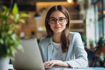 Confident female financial advisor working on a laptop in modern office
