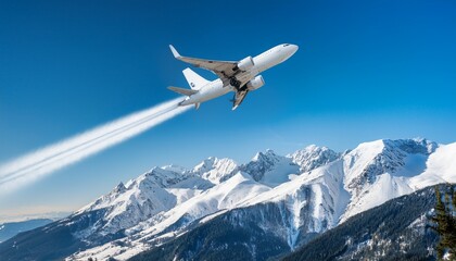 Fototapeta premium a white jet plane is flying through the sky above a snowy mountain range