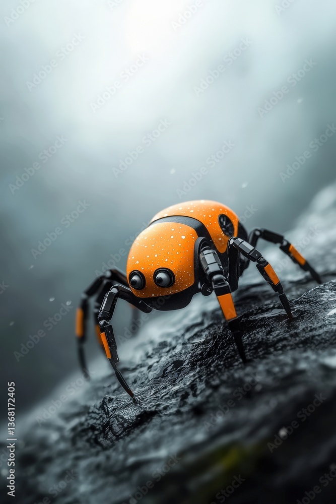 Poster a robot spider is standing on a rock. the robot spider is orange and black