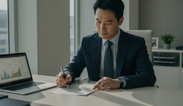 Asian businessman writing on paper in contemporary office with laptop. Focus on productivity, financial analysis.