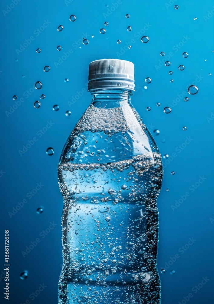 Poster refreshing bottled water with bubbles and blue background for hydration
