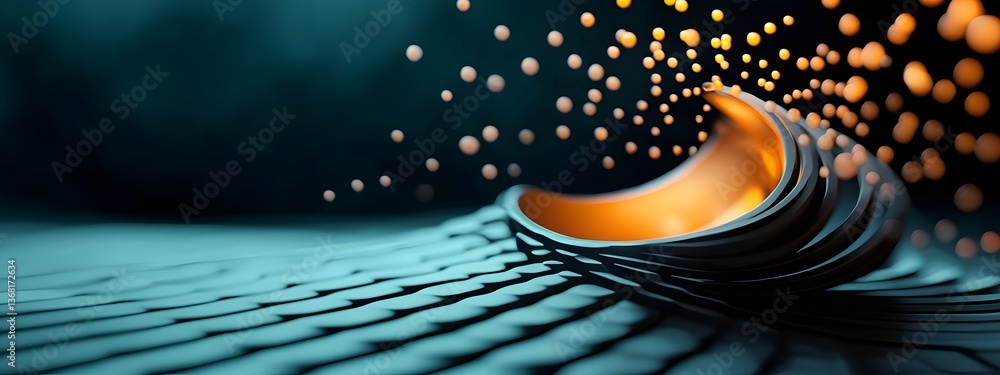 Poster hypnotic cascading digital waves flowing over a sleek futuristic monochrome technological environmen