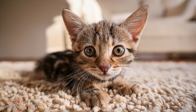 adorable blind tabby cat feline herpesvirus survivor beige rug cute kitten photo