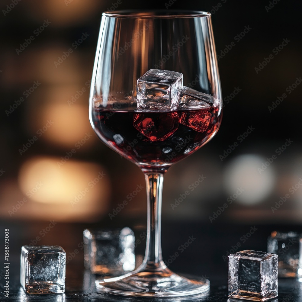 Poster refreshing red wine in glass with ice cubes for summer drink