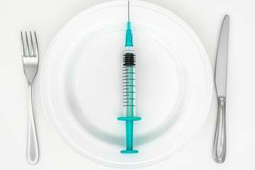 Weight Loss Concept with Syringe on a Minimalist White Plate.