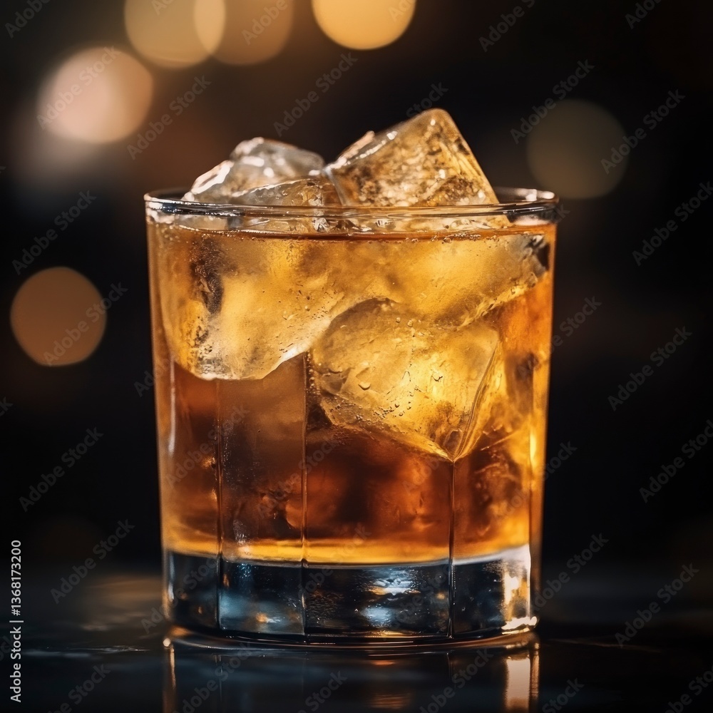 Poster whiskey drink with ice close-up on reflective surface in dark setting