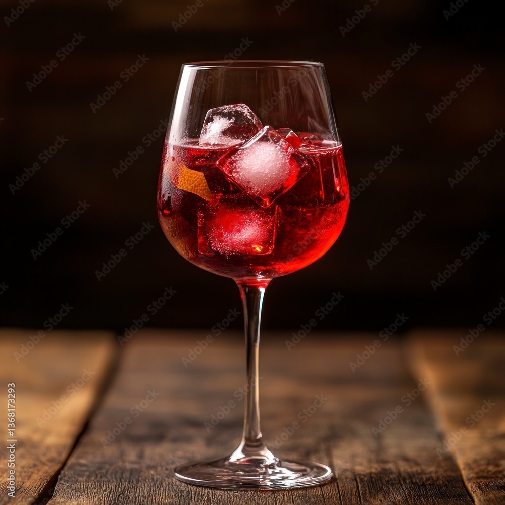 Poster refreshing red cocktail with ice cubes on rustic wooden table