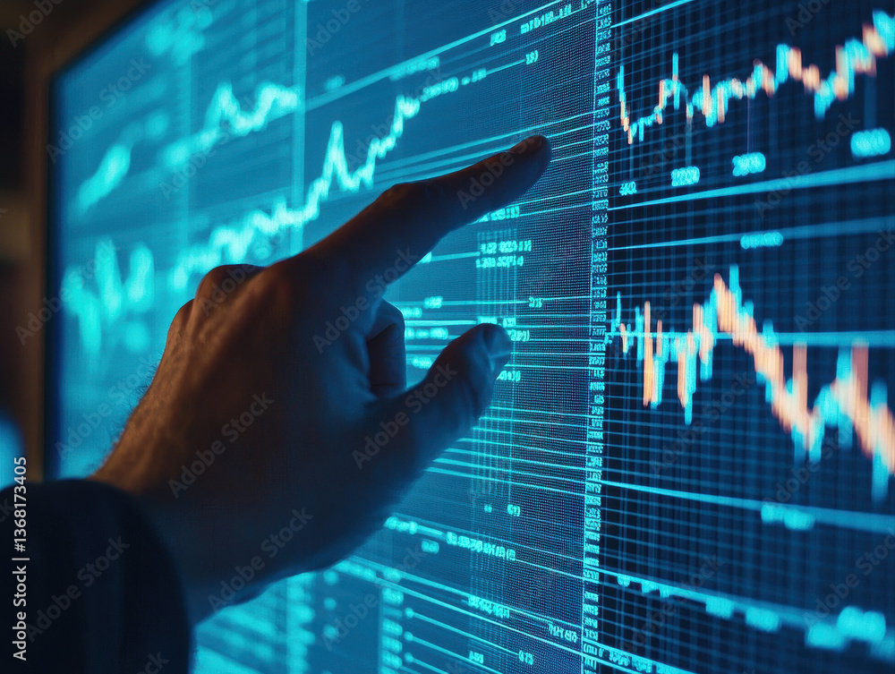Aufkleber hand points at glowing financial market chart displaying various graphs and data trends, illustratin