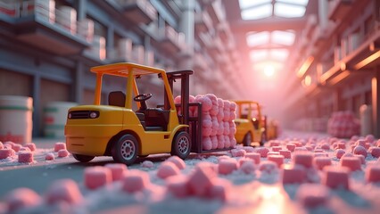 Miniature figurine forklifts transporting sugar cubes in a candy factory.