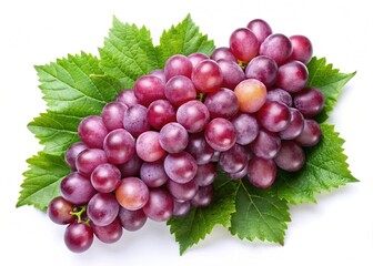 Fototapeta premium A cluster of ripe red grapes with lush green leaves on a white background fresh juicy delicious fruit