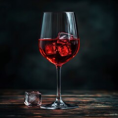 Naklejka premium Red Wine in Glass with Ice Cubes on Dark Wooden Table