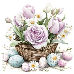 Obraz premium A watercolor of a vintage inspired Easter centerpiece featuring a bouquet of pastel roses tulips and daisies arranged in a wicker basket with decorative eggs