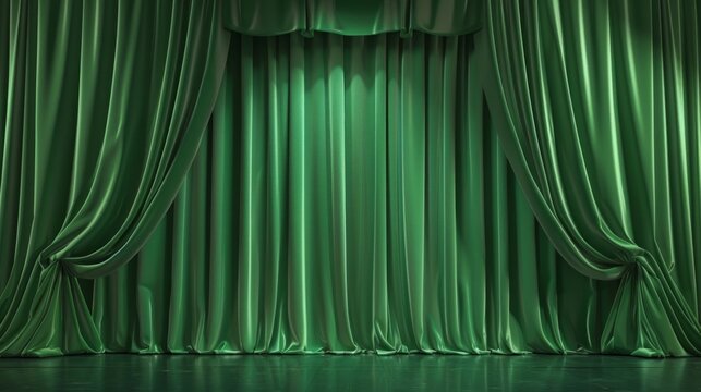 Luxurious green theatrical stage curtains, creating an atmosphere of mystery and grandeur. Suitable for book covers, theater posters, advertising of cultural events.