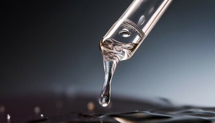 close up view of transparent gel flowing from a glass pipette with a soft focus background creating a minimalist aesthetic