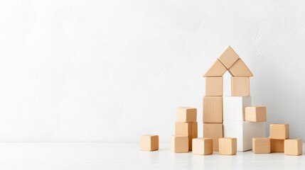Wooden Blocks Stacked to Create a House Structure on White Background