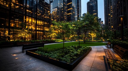 Obraz premium Evening serenity in urban park cityscape photography nighttime ground level tranquility amidst skyscrapers