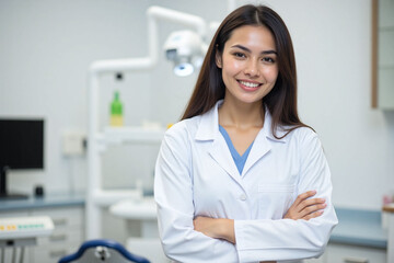 woman in a white lab coat standing in front of a dentists chair