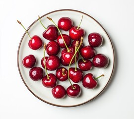 Fresh Red Cherries on Plate with Stems From Overhead Perspective