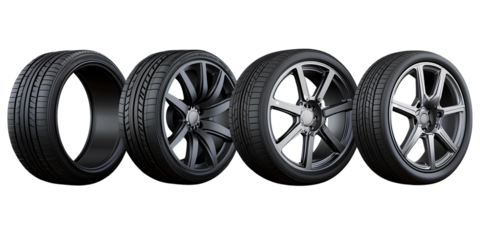  A set of four tires, all different sizes and styles, displayed on a transparent background