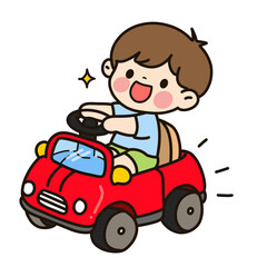  빨간 장난감 자동차를 타는 귀여운 남자아이 일러스트