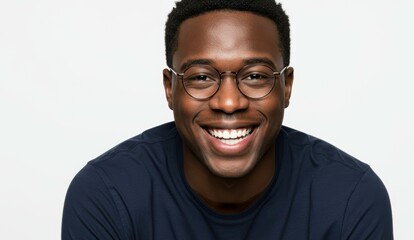 Obraz premium Black man smiling in casual clothing with glasses against neutral background. Themes of confidence and diversity.