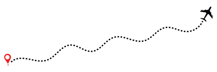 Airplane line path vector icon set of air plane flight route with start point and dash line trace. Various aircraft and destination location pins icons. Aircraft tracking, planes, travel, map .