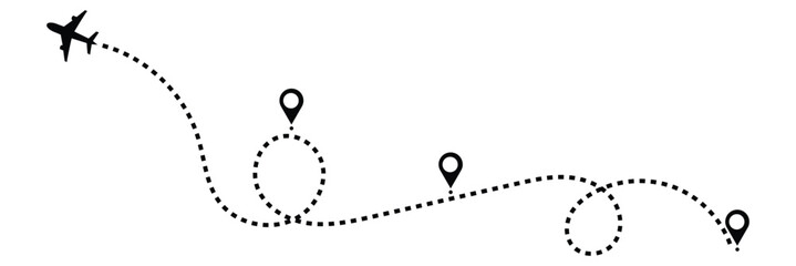Airplane line path vector icon set of air plane flight route with start point and dash line trace. Various aircraft and destination location pins icons. Aircraft tracking, planes, travel, map . © Micro  Vector Market