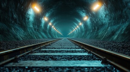 Fototapeta premium A tranquil yet eerie perspective lies within this dimly lit railroad tunnel, capturing the sense of depth, mystery, and exploration, leading into the unknown with an inviting vibe.