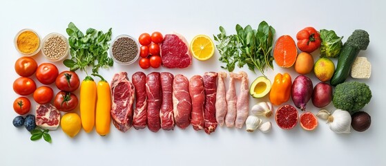 Colorful array of fresh foods: vegetables, fruits, meats, and grains on white background