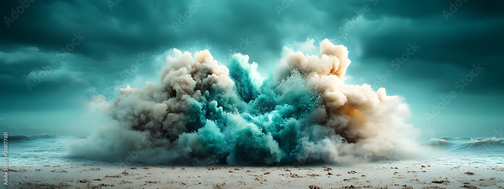 Poster luminous turquoise algorithmic surf surging across a stark grayscale panorama conveying the relentle