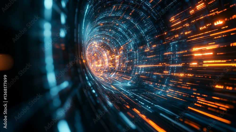 Poster abstract digital tunnel with glowing lines and particles creating a futuristic background look