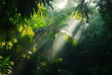 Sunbeams Piercing the Lush Tropical Jungle