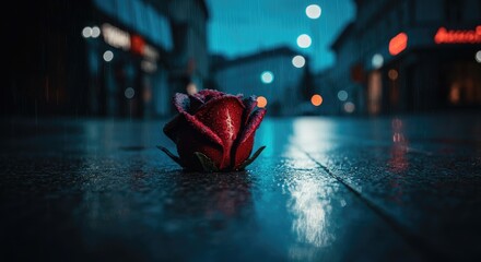 Obraz premium Single red rose lies on wet street at night with bokeh lights in background