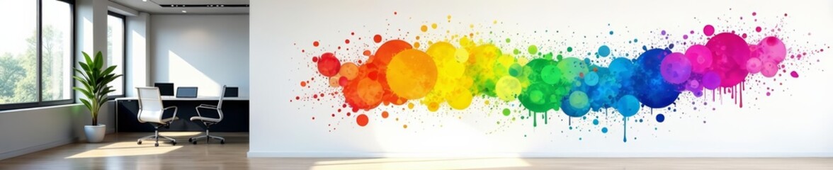 Vibrant rainbow paint splatter on white wall in modern office, paint splatter, artistic, business