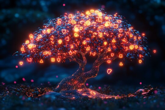 An abstract tree with digital marketing tools as fruits, glowing in vibrant neon colors in a dark, futuristic garden