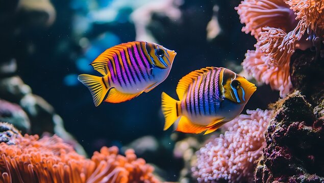 two vibrant Bartlett's anthias fish with striking pink and yellow stripes swimming near colorful coral
