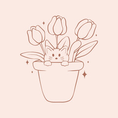 Vector line art flower in pot with cute little cat, vector art