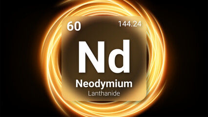 Neodymium (Nd) (060) Lanthanide, Glass Morphism Element Futuristic Neon Light Glow Background Periodic Table, Chemical Symbol, Name, Atomic Mass, Atomic Number, Vector Illustration