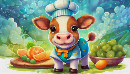 oil painting style CARTOON CHARACTER CUTE BABY Caucasian baby cow with smile dressed as a chef in the kitchen.