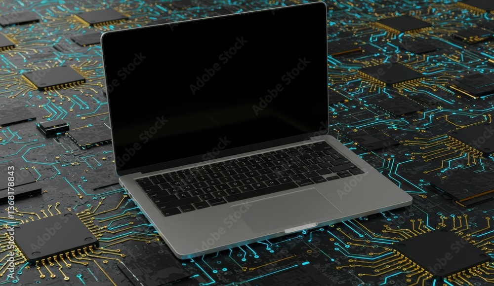 Poster laptop on circuit board surface showcasing modern technology and digital innovation.