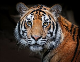 Fototapeta premium majestic tiger portrait with striking orange and black stripes intense gaze and elegant fur against a dark background natural and powerful