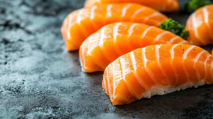 Fresh and raw salmon sashimi cut, symbolizing purity and freshness in Japanese cuisine. Clean background enhances modern aesthetic, ideal for culinary advertising or health-conscious food campaigns.

