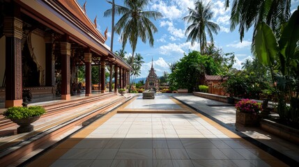 Fototapeta premium Serene temple visit tropical paradise photography sunny day wide angle tranquility and culture