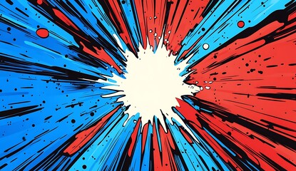 dynamic comic book style explosion background with vibrant red and blue radiating lines and white burst effect