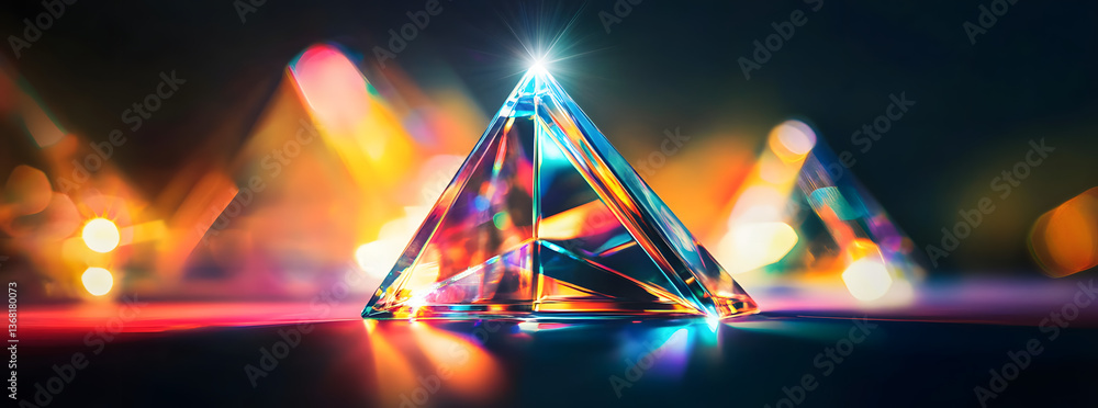 Poster light refraction crystal prism with abstract blurred colorful lens flare bokeh on black background. 