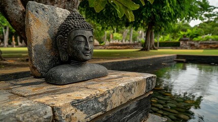 Fototapeta premium Buddha sculpture display tranquil garden photography serene environment close-up view spiritual reflection