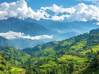 The picturesque landscape with its lush greenery and mist-covered mountains under the clear blue sky